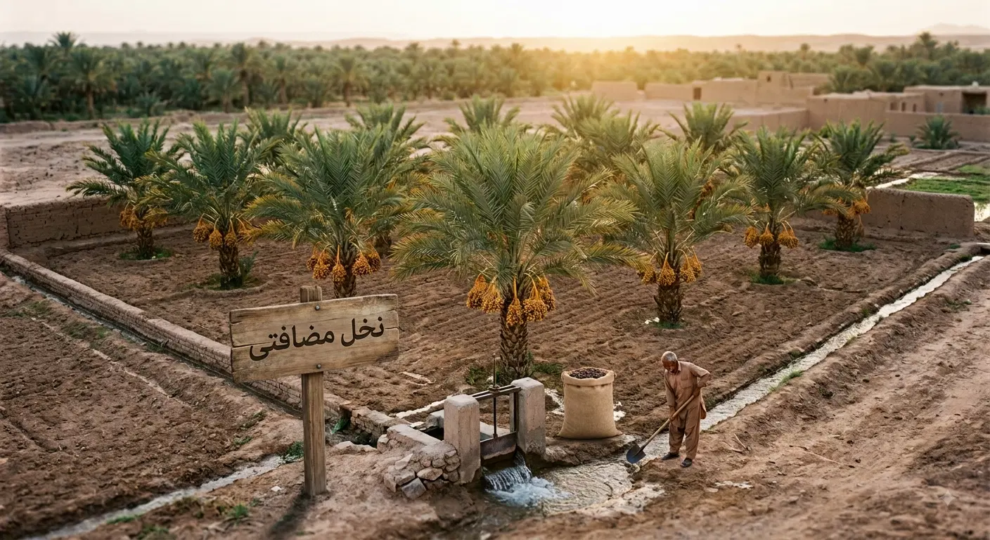 فروش زمین۲۰۰۰ متری با ۱۳ نخل مضافتی + ۶ ساعت آب